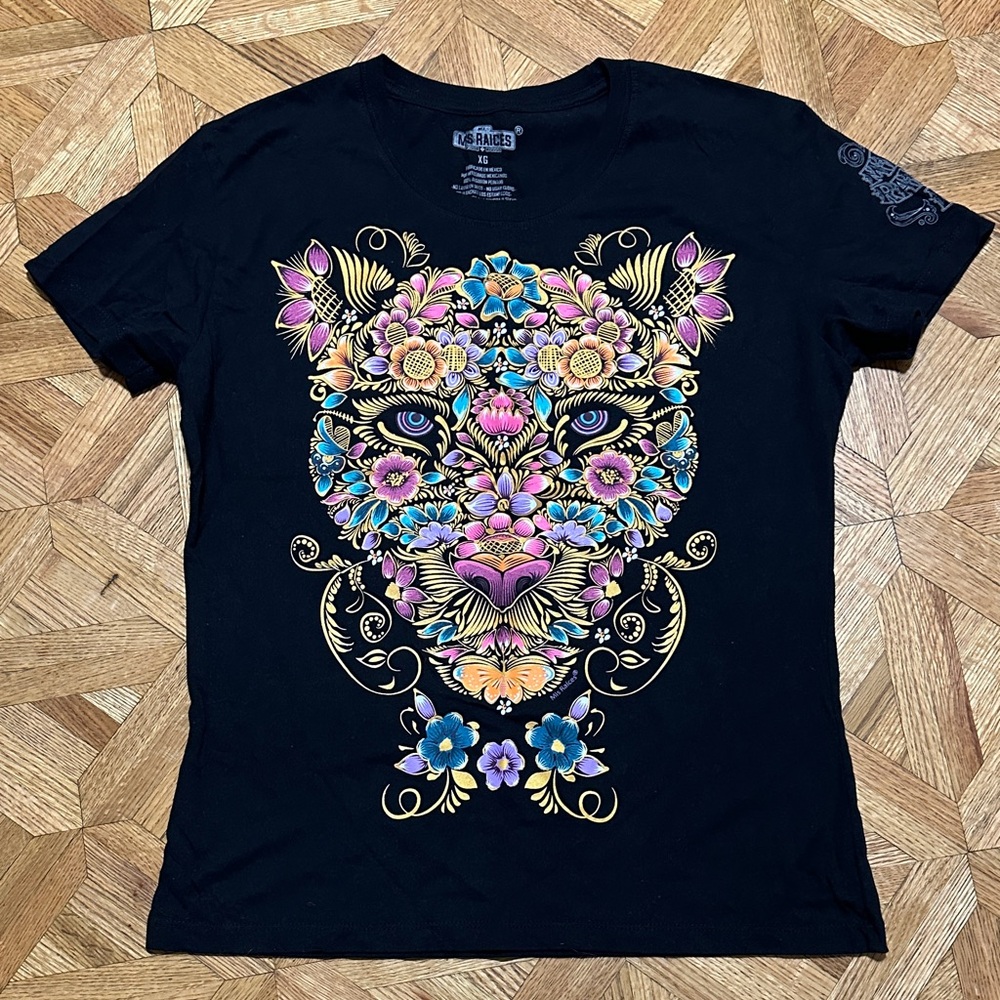 Mis Raices Black Tee with Floral Jaguar Design